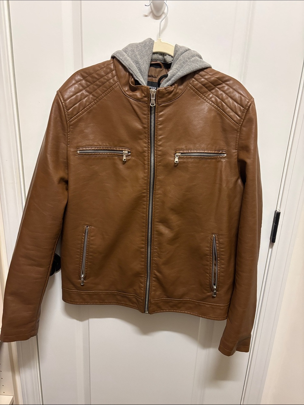 Forever 21 Brown Faux Leather Bomber Jacket with Gray Hooded Liner